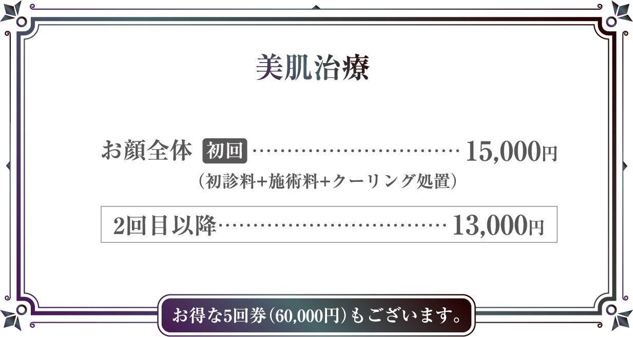 美肌治療 お顔全体 15,000円(初診料+施術料+クーリング処置), 2回目以降お得な5回券(60,000円)もございます。