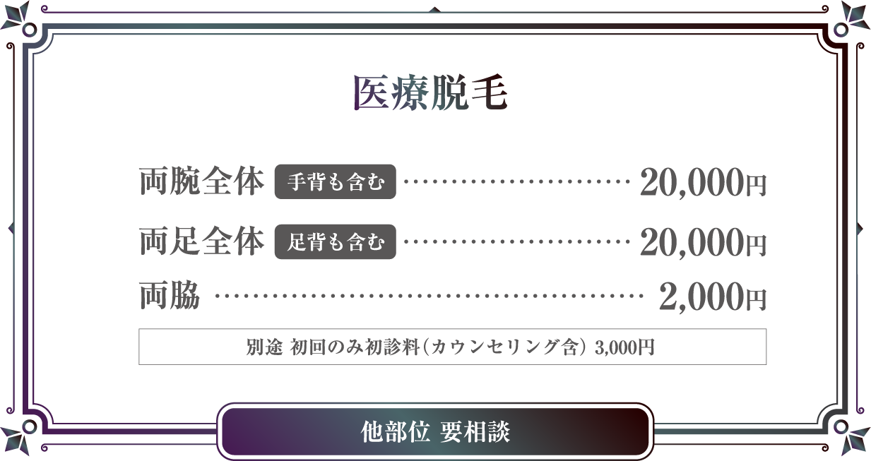 医療脱毛 両腕全体手背も含む 20,000円, 両足全体 足背も含む 20,000円, 両脇 2,000円, 別途 初回のみ初診料(カウンセリング含) 3,000円 他部位 要相談