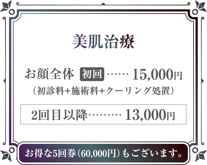 美肌治療 お顔全体 15,000円(初診料+施術料+クーリング処置), 2回目以降お得な5回券(60,000円)もございます。