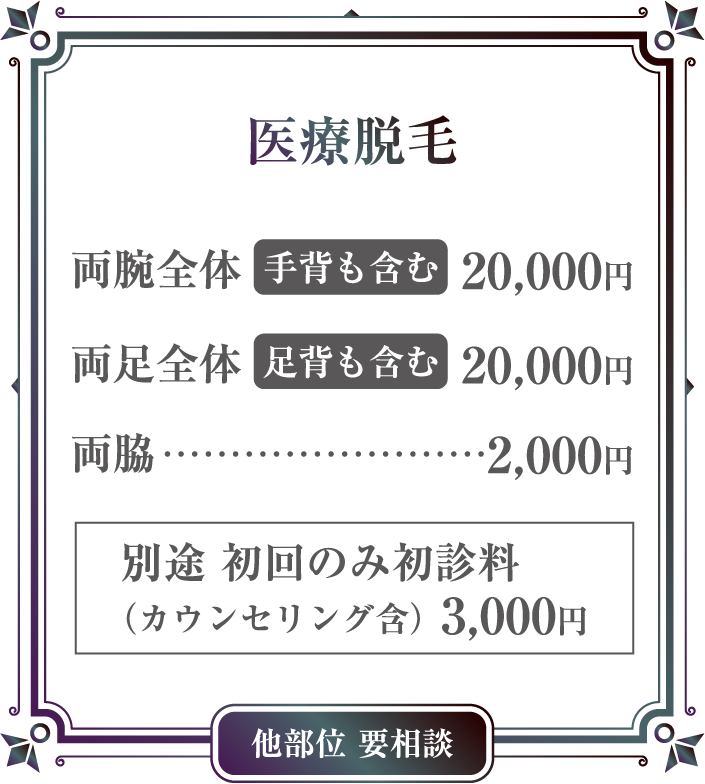 医療脱毛 両腕全体手背も含む 20,000円, 両足全体 足背も含む 20,000円, 両脇 2,000円, 別途 初回のみ初診料(カウンセリング含) 3,000円 他部位 要相談